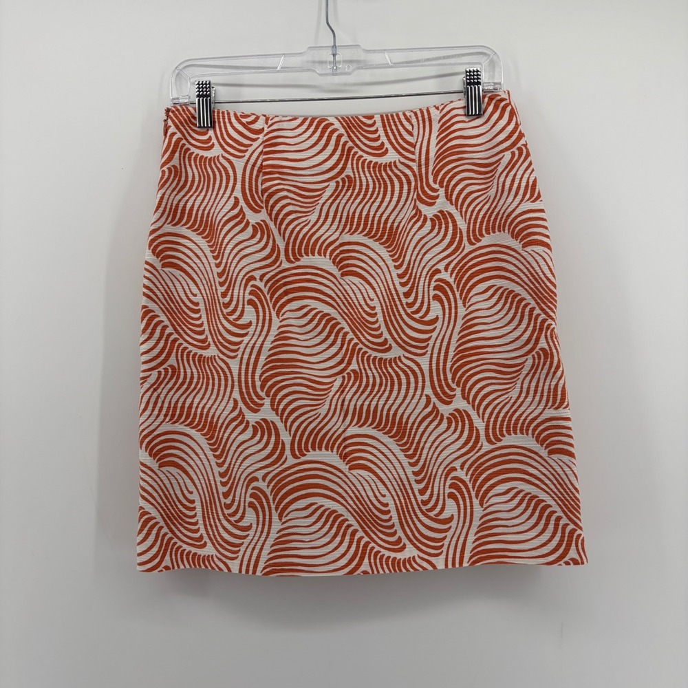 Ann Taylor Womens 2 Orange White Pencil Skirt Abstract Wave Cotton Blend Zip - Picture 2 of 6